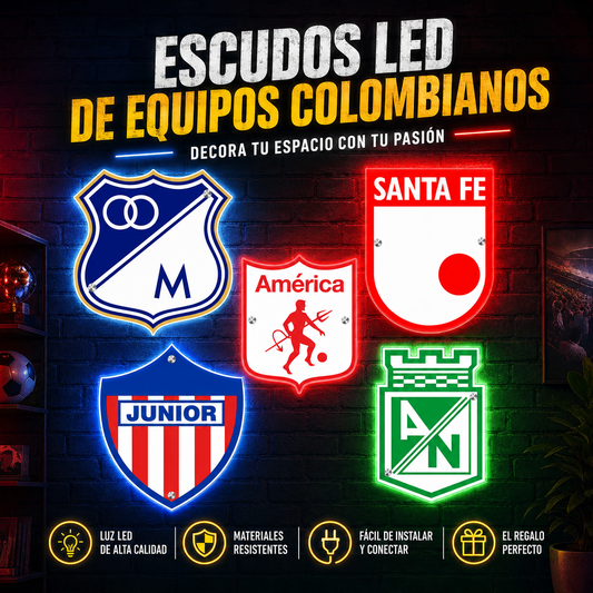 🔥 Escudos LED Fútbol Colombia — Elige tu Equipo ⚽